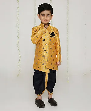 KID1 Full Sleeves Floral Printed Coordinating Sherwani With Dhoti Set - Yellow