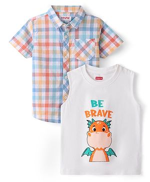 Babyhug Cotton Woven Half Sleeves Checked Shirt with Inner Tee Dino Print - Blue