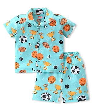 Babyhug Interlock Knit Half Sleeves Night Suit Soccer Ball Print - Blue