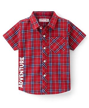 Babyhug 100% Cotton Jersey Woven Half Sleeves Shirt Checks & Text Print - Red