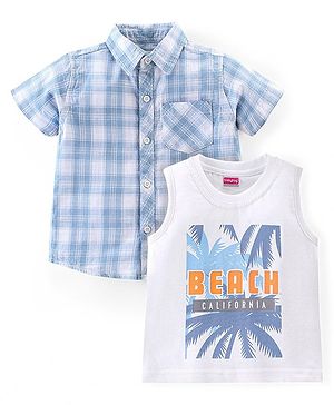 Babyhug 100% Cotton Woven Half Sleeves Checkered Shirt with Inner Tee Beach Print - Blue