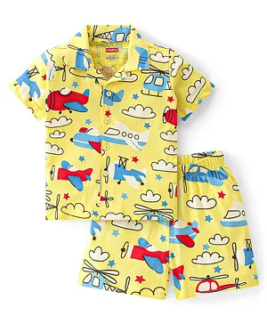 Babyhug Interlock Knit Half Sleeve Front Open Night Suit Airplane Print -  Yellow