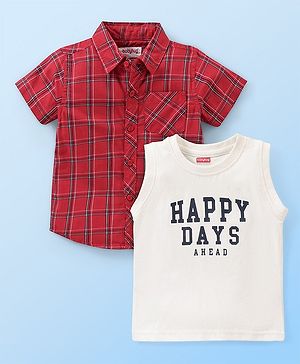 Babyhug Cotton Woven Half Sleeves Checked Shirt With Sleeveless T shirt  Text Print - Red & White