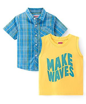 Babyhug Cotton Woven Half Sleeves Checked Shirt With Text Print T-Shirt - Blue