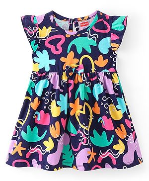 Babyhug 100% Cotton Knit Single Jersey Half Sleeves Frock With Floral Print - Navy Blue