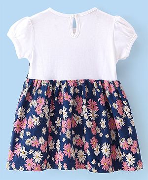 Babyhug Single Jersey Knit Half Sleeves Frock with  Floral Print - White & Navy