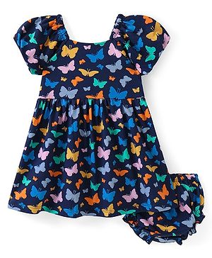 Babyhug Single Jersey Knit Half Sleeves Butterfly Printed Frock with Bloomer - Navy Blue