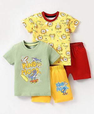 OHMS Single Jersey Knit Half Sleeves T-Shirts & Shorts Set with Dino & Lion Print Pack of 2  - Multicolour