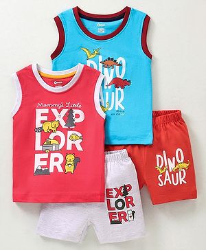 OHMS Single Jersey Knit Sleeveless T-Shirt & Shorts Set Text & Dino Print Pack of 2 - Red Blue & White