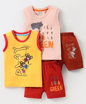 OHMS Single Jersey Knit Sleeveles T-Shirts & Shorts Set with Bear & Text Print Pack of 2  - Multicolour