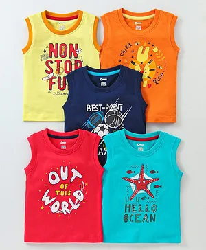 OHMS Single Jersey Knit  Sleeveless  T-Shirts with Text Print Pack of 5  - Multicolour