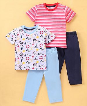 OHMS Single Jersey Knit Half Sleeves  T-Shirt & Shorts Set  Striped & Sailor Theme Print Pack of 2 - Multicolour