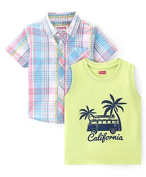 Babyhug Cotton Woven Half Sleeves Checked Shirt & California Print T-Shirt - Multicolor