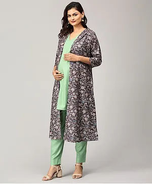 The Mom Store Three Fourth Sleeves Solid  Maternity Kurta With Concealed Zipper Nursing Access &  Pant With All Over Floral Printed Shrug - Multi Colour