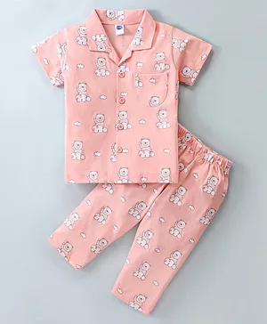 Teddy Sinker Knit Half Sleeves Night Suit with Teddy &  Cloud Print - Peach