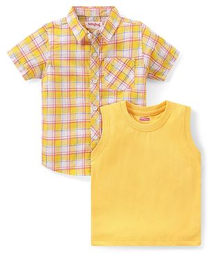 Babyhug Cotton Woven Half Sleeves Checked Shirt With Solid Sleeveless T-Shirt - Yellow