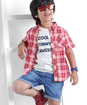 Babyhug 100% Cotton Woven Half Sleeves Regular Collar Check Shirt with Text Print T- Shirt-Multicolour