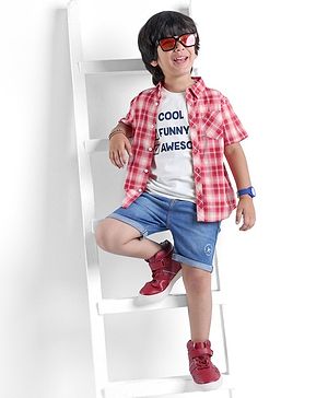 Babyhug 100% Cotton Woven Half Sleeves Regular Collar Check Shirt with Text Print T- Shirt-Multicolour