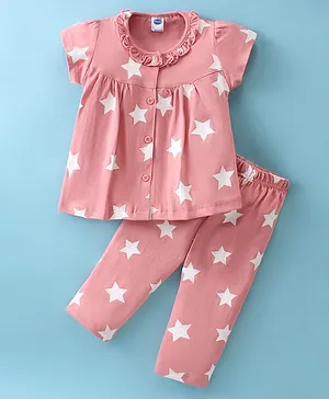 Teddy Sinker Knit Half Sleeves Night Suit Star Print - Pink