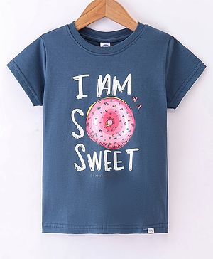 Teddy Sinker Knit Half Sleeves T-Shirt with Text & Donut  Print - Navy Blue