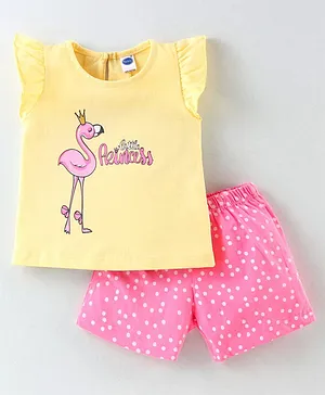 Teddy Sinker Knit Half Sleeves Top & Shorts With Flamingo Print - Yellow & Pink