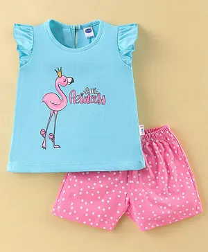 Teddy Sinker Knit Half Sleeves Top & Shorts With Flamingo Print - Blue & Pink