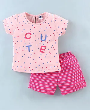 Teddy Sinker Half Sleeves Top & Shorts With Text Print - Pink
