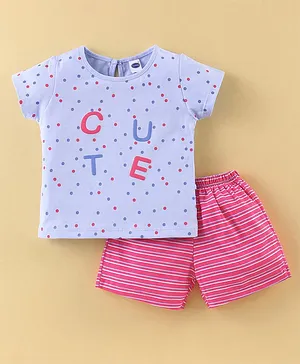 Teddy Sinker Half Sleeves Top & Shorts With Text Print - Blue & Pink