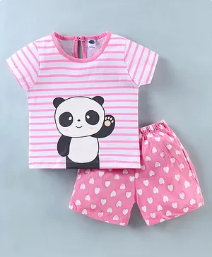 Teddy Sinker Knit Half Sleeves Top & Shorts With Striped & Panda Print - Pink & White