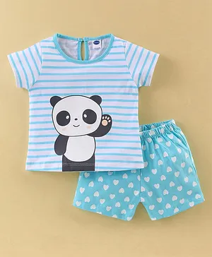 Teddy Sinker Knit Half Sleeves Top & Shorts With Striped & Panda Print - Blue & White