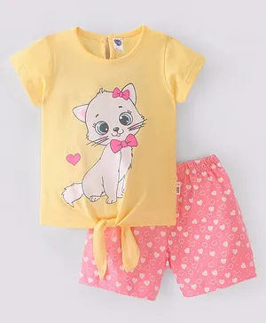 Teddy Sinker Knit Half Sleeves Top & Shorts With Kitty Print - Yellow & Pink