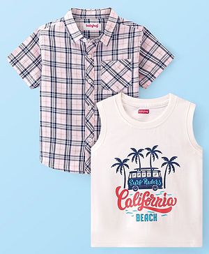 Babyhug Cotton Woven Half Sleeves Regular Collar Checked Shirt & California Print T-Shirt - Pink