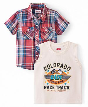 Babyhug Cotton Woven Half Sleeves Checked Shirt With Text Print T-Shirt - Multicolor