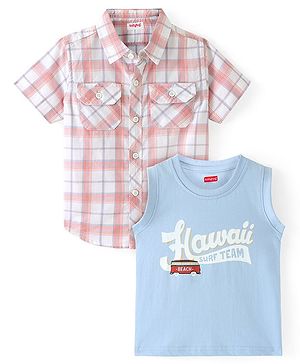 Babyhug Cotton Woven Half Sleeves Check Shirt with Hawaii Printed T-Shirt - Peach & Blue