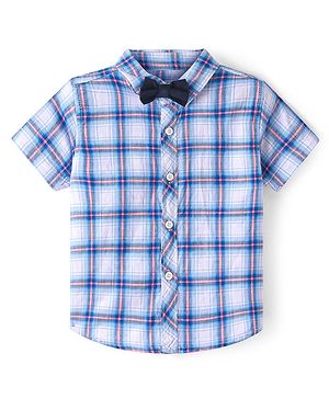 Babyhug 100% Cotton Woven Half Sleeves Regular Collar Checked Shirt with Bow - Blue