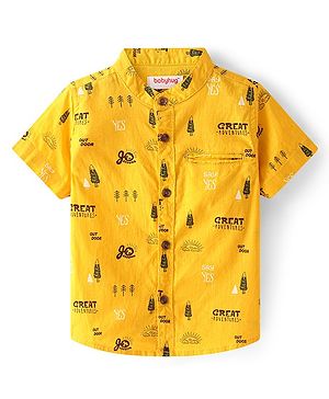 Babyhug Cotton Woven Half Sleeves Shirt with  Text Print - Yellow
