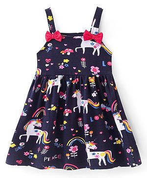 Babyhug Cotton Knit Singlet Sleeves Unicorn Printed Frock with Bow Applique - Blue