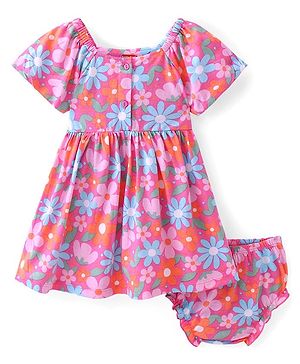 Babyhug Single Jersey Knit Half Sleeves Floral Printed Frock with Bloomer - Multicolor