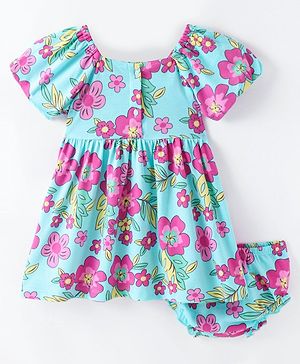 Babyhug Single Jersey Knit Half Sleeves Frock With Bloomer Floral Print - Blue