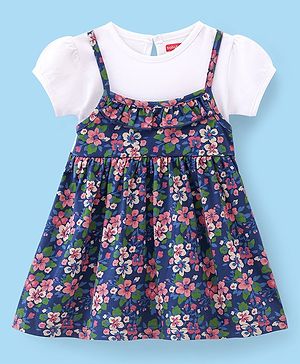 Babyhug Cotton Knit Half Sleeves Floral Printed Frocks - Navy Blue & White