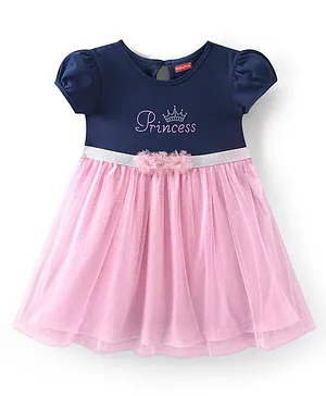 Babyhug Cotton Blend Knit Half Sleeves Glittered Frock Bow Applique and Princess Print - Navy