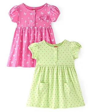 Babyhug Cotton Knit Half Sleeves Frocks Butterfly Heart & Polka Dots Print - Pink & Green