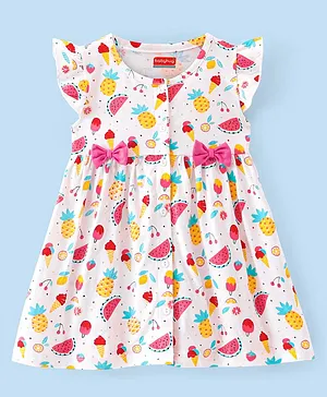 Babyhug Single Jersey Knit Frill Sleeves Fruity Print Frock with Bow Applique - White