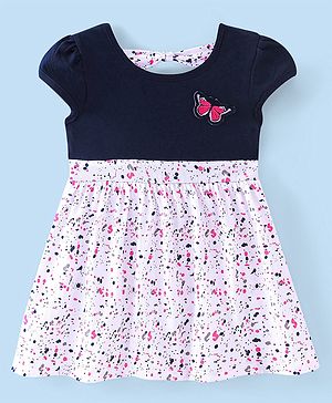 Babyhug Cotton Knit  Half Sleeves Frock Butterfly Embroidery - Navy