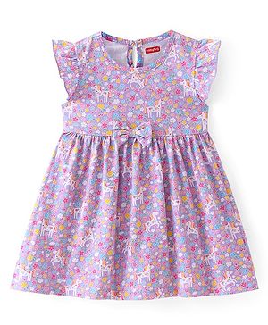 Babyhug Single Jersey Knit Frill Sleeves Frock with Unicorn and Floral Print - Purple