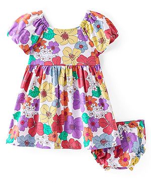 Babyhug Single Jersey Half Sleeves Frock with Bloomer Floral Print - Multicolor