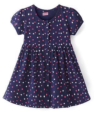 Babyhug Single Jersey Knit Half Sleeves Frock With Star Print- Navy Blue