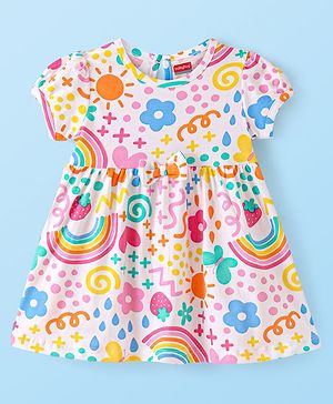 Babyhug Single Jersey Knit Half Sleeves Rainbow & Floral Printed Frock - White