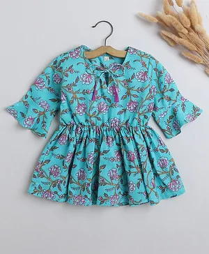 IndiUrbane Three Fourth Sleeves  Floral Swirl Printed With Tassels Detailed Top - Teal Blue