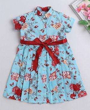 The Magic Wand Half Sleeves Floral Printed Box Pleated Dress - Blue